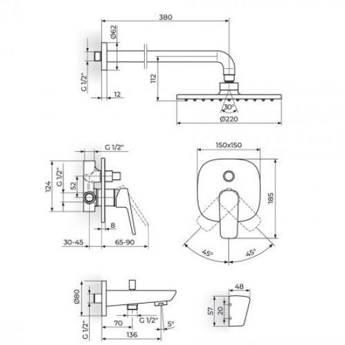 STOLZ 131701 uzidna baterija sa izlivom, zidnim i ručnim tušem