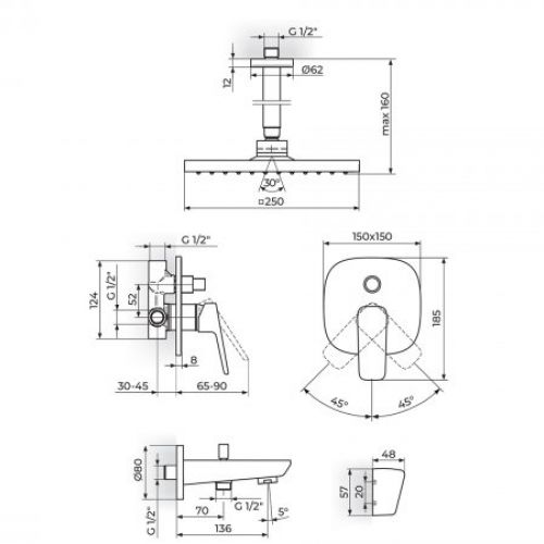 STOLZ 131707 uzidna baterija sa izlivom, plafonskim i ručnim tušem