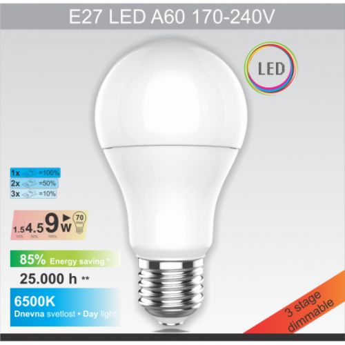 E27 9W A60 6500K LED THREE STEP sijalica 170~240V